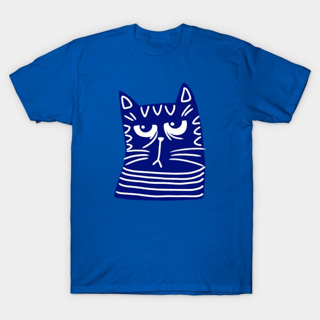 Cute blue and white cat head with grumpy face on blue background T-Shirt by iulistration